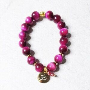 Upscale! Exclusive! Magenta & Hot Pink TigersEye w. Gold Om Aum Bracelet 6-6.5"